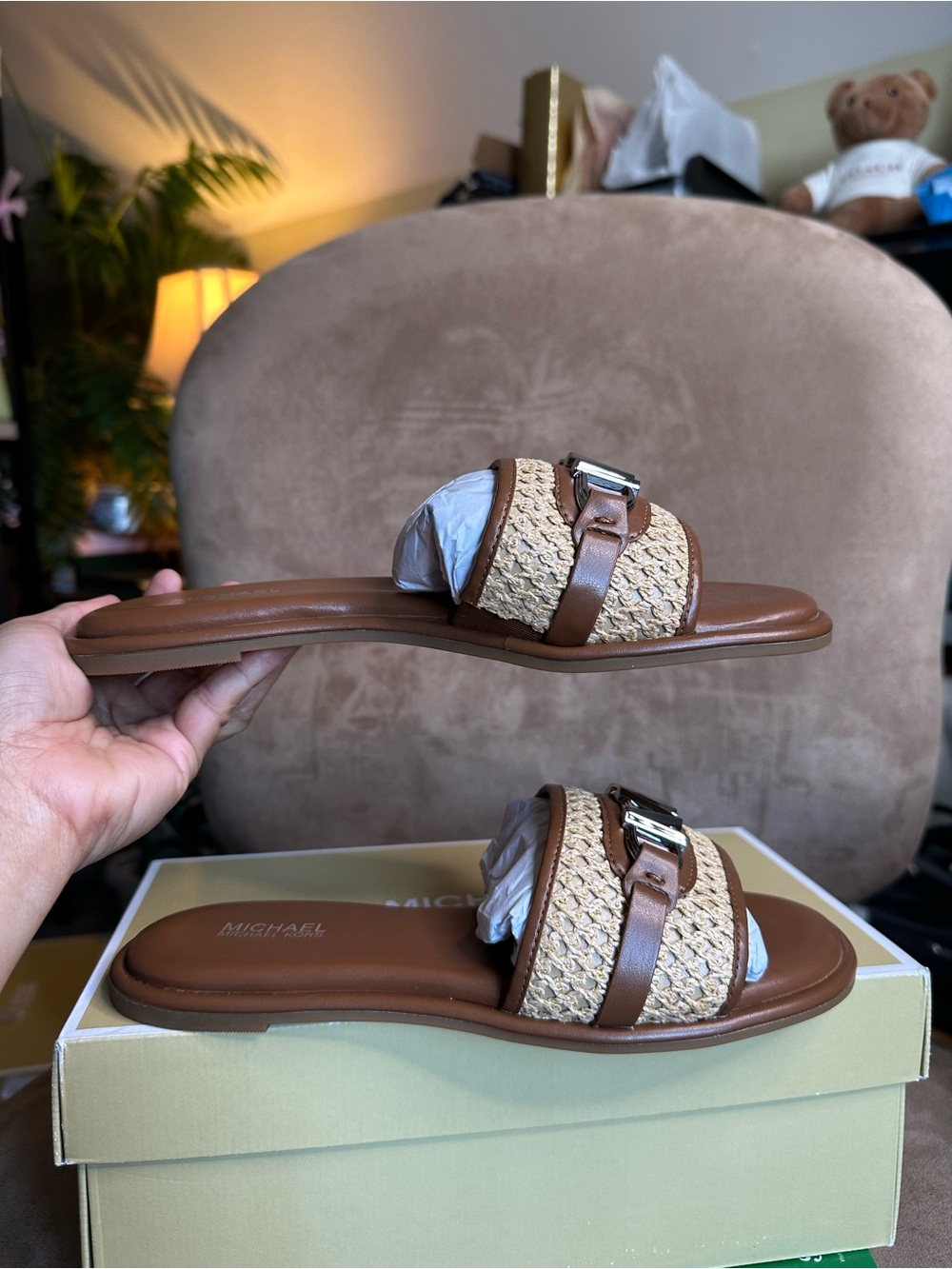 MICHAEL Michael Kors Ember Slide Brown Open Weave Raffia Logo Sandals US5.5M NEW - Picture 4 of 10